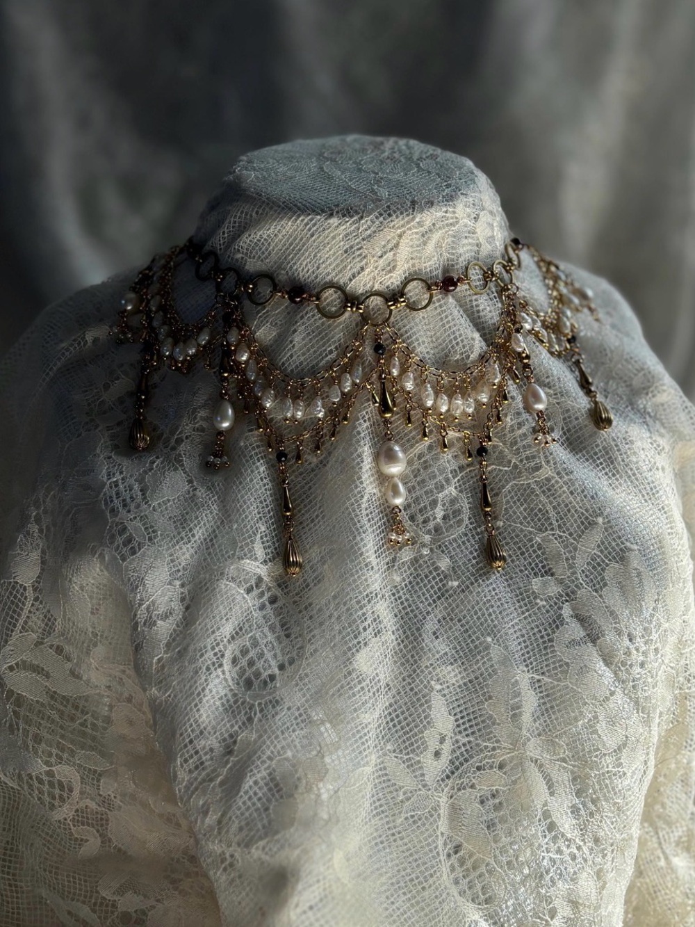 Handcrafted Gold-Tone Pearl Fringe Choker Necklace